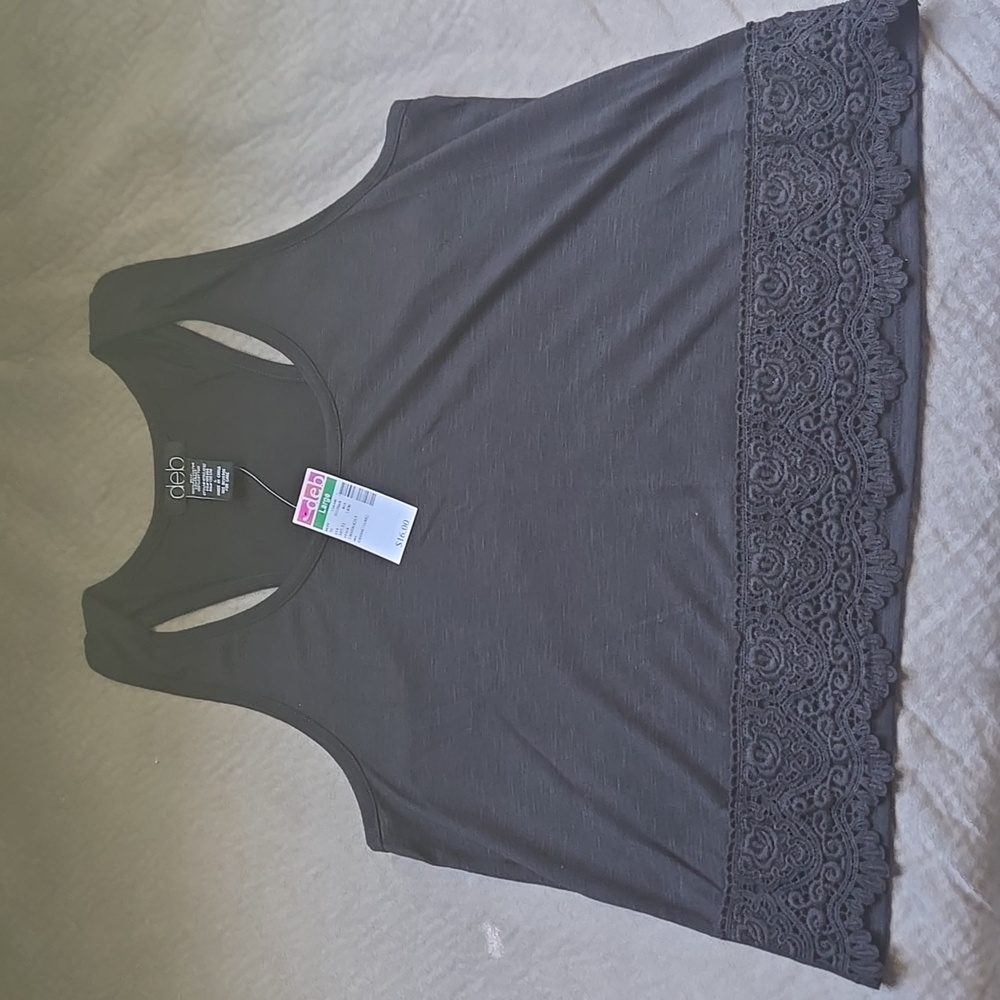 DEB Black L Tank Top Crop Embroidered Hem Racerback NWT